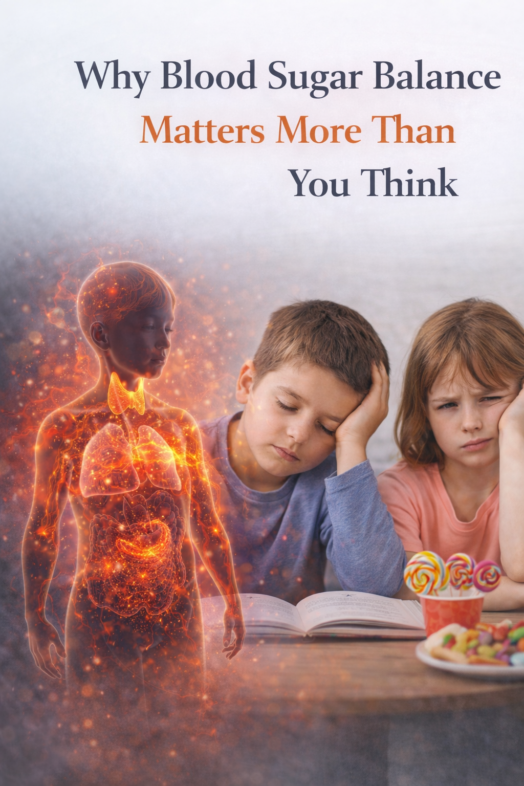 Children experiencing tiredness with illustration of blood sugar and energy regulation